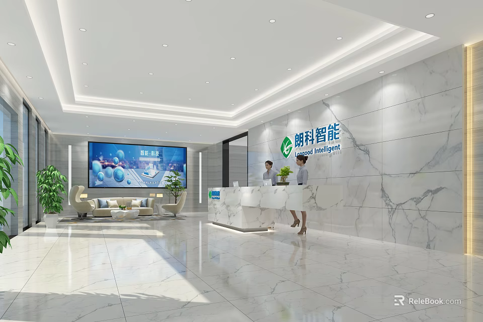 Modern Hotel Lobby Interior With Marble Walls Reception Desk And Seating Area 3d model 