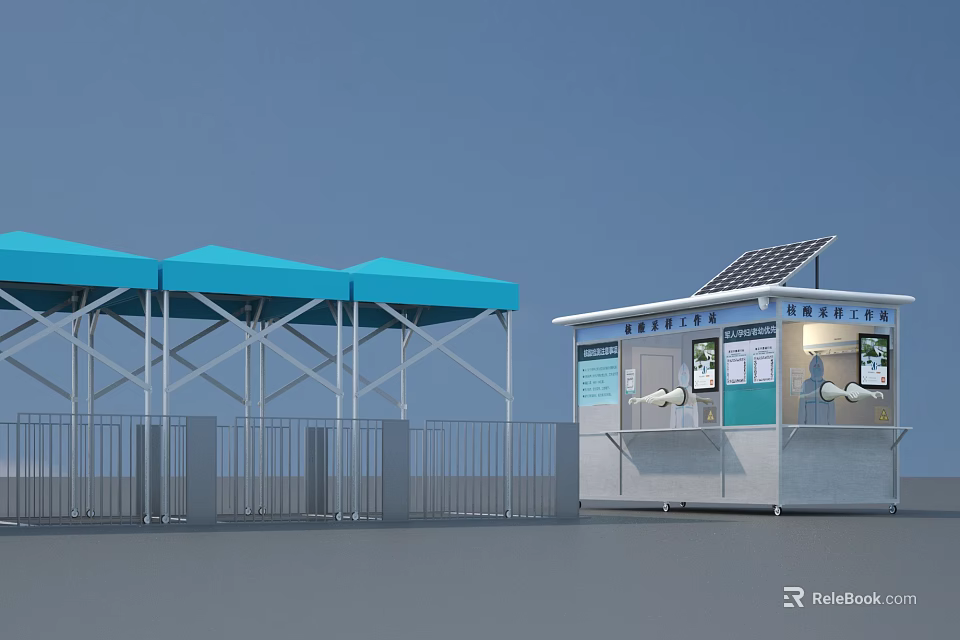 Outdoor Service Facility With Blue Canopies Solar Panels Kiosk And Information Boards 3d model 