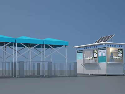 Outdoor Service Facility With Blue Canopies Solar Panels Kiosk And Information Boards 3d model