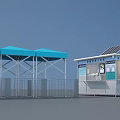 Outdoor Service Facility With Blue Canopies Solar Panels Kiosk And Information Boards