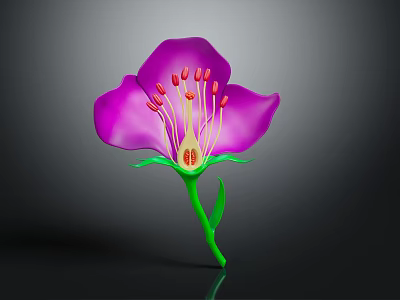Blooming Vibrant Purple Flower with Pink Stamens Green Stem and Fresh Leaves 3d model