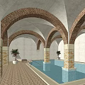 Tranquil Sauna Space with Red Brick Vaulted Ceilings Multiple Arches Stone Pillars and Pool 3d model