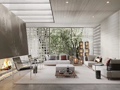 Modern Living Room Interior With Fireplace Sofa Coffee Table and Greenery View 3d model