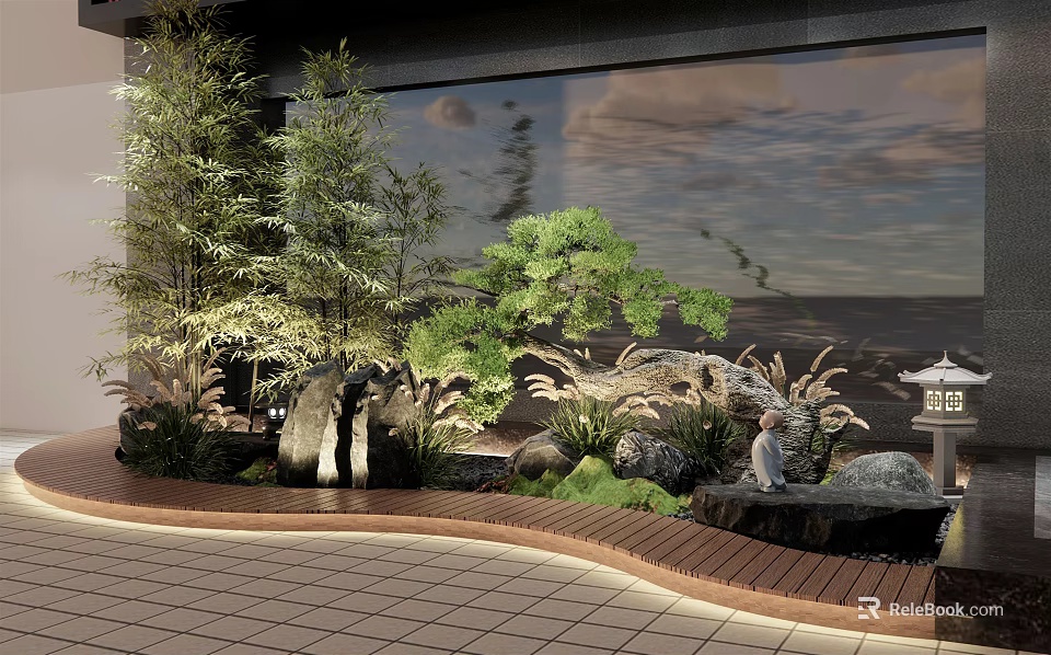 Serene Courtyard Garden Design With Bamboo Pine Trees Rocks And Illuminated Pathway 3d model 