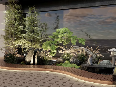 Serene Courtyard Garden Design With Bamboo Pine Trees Rocks And Illuminated Pathway 3d model