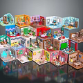 Colorful Cartoon Scenes Featuring Miniature Rooms With Detailed Decor And Layered Structure