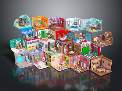 Colorful Cartoon Scenes Featuring Miniature Rooms With Detailed Decor And Layered Structure 3d model