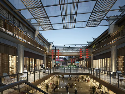 Chinese Traditional Style Commercial Street Featuring Glass Roof And Multi Level Shopping Space With Pedestrians 3d model