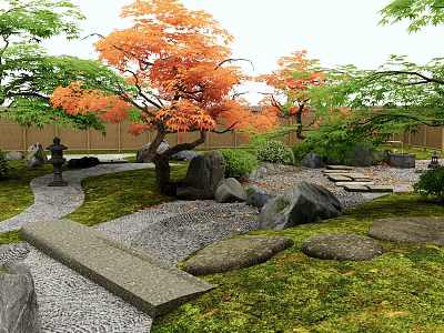 Tranquil Courtyard Garden With Orange Maple Trees Green Plants Stones And Stone Pathways 3d model