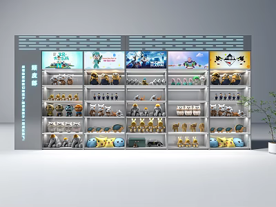 Modern Display Cabinet With Multiple Shelves Displaying Toys And Digital Screens 3d model