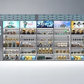 Modern Display Cabinet With Multiple Shelves Displaying Toys And Digital Screens