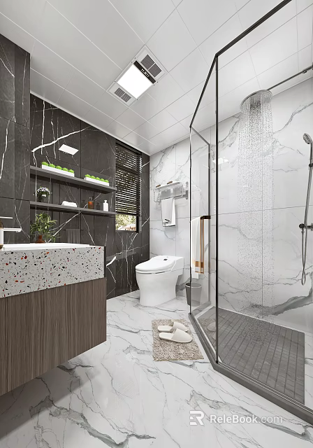 Modern Luxury Bathroom Interior Design With Marble Tiles Smart Toilet And Glass Shower Enclosure 3d model 