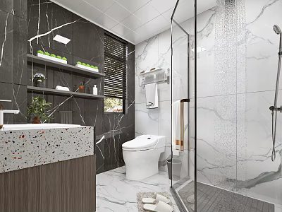 Modern Luxury Bathroom Interior Design With Marble Tiles Smart Toilet And Glass Shower Enclosure 3d model