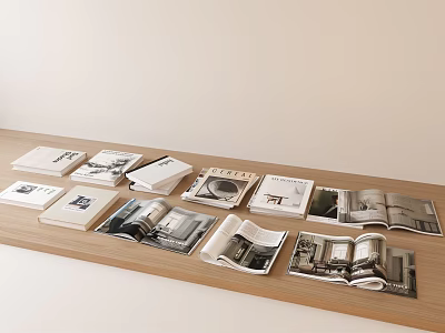 Books and Magazines Open and Closed on Wooden Table with Interior Design Black White 3d model