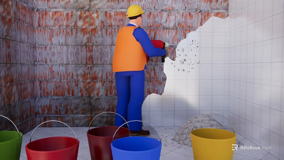 Worker Removing Wall Tiles And Bricks During Construction With Colored Buckets 3d model 