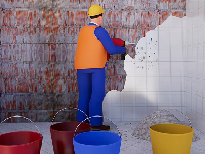 Worker Removing Wall Tiles And Bricks During Construction With Colored Buckets 3d model