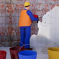 Worker Removing Wall Tiles And Bricks During Construction With Colored Buckets 3d model