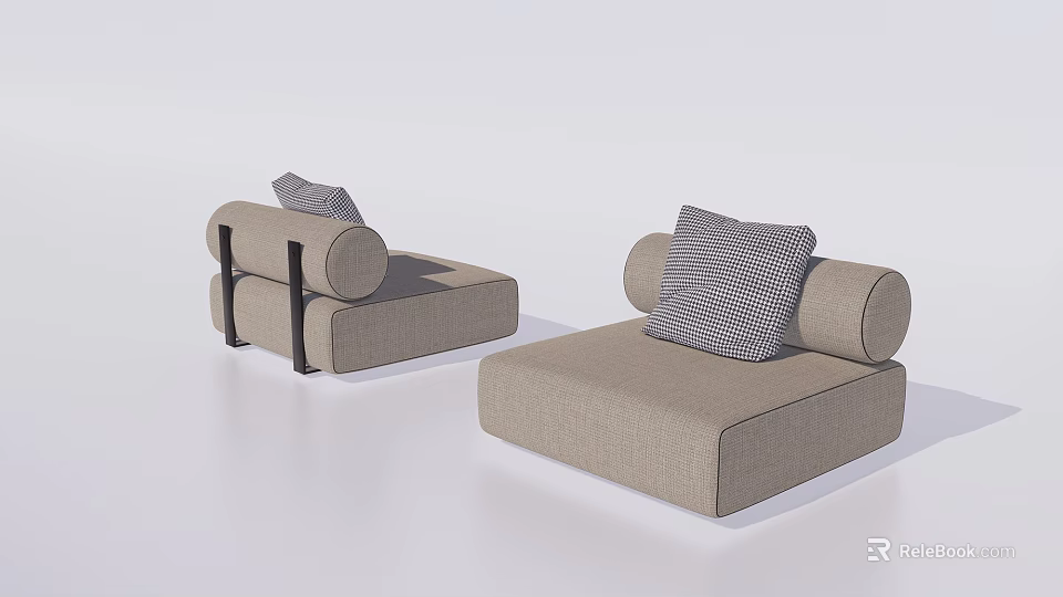 Two Modern Beige Single Sofas With Checkered Pillows And Cylindrical Armrests 3d model