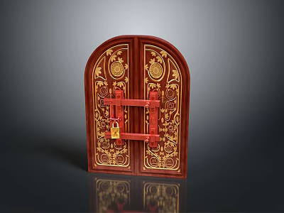 Antique Wooden Double Door With Intricate Golden Carved Patterns And Red Lock 3d model