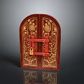 Antique Wooden Double Door With Intricate Golden Carved Patterns And Red Lock