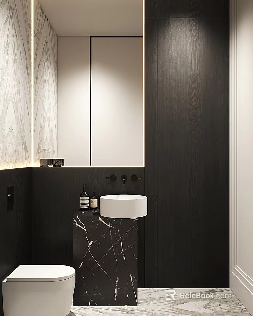 Elegant Modern Bathroom Interior With Marble Countertop Wooden Walls White Sink And Wall Mirror 3d model 