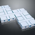 Cartoon Scenery Featuring White Cube Buildings With Blue Windows And Geometric Arrangement