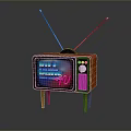 Vintage Old Fashioned Computer With Antenna And Colorful Screen Display On Wooden Base