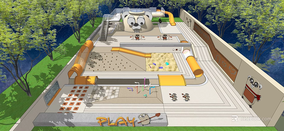 Outdoor Children's Playground With Slides Sandpit Climbing Structures And PLAY Sign 3d model 
