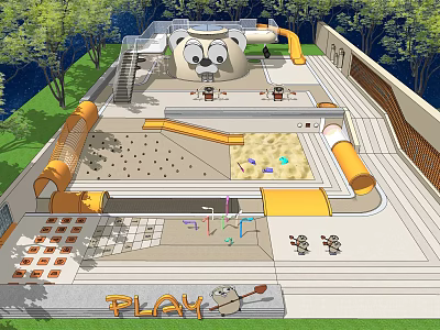 Outdoor Children's Playground With Slides Sandpit Climbing Structures And PLAY Sign 3d model