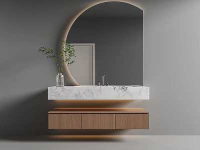 Elegant Modern Bathroom Vanity With Marble Countertop Round Mirror And Wooden Cabinet 3d model