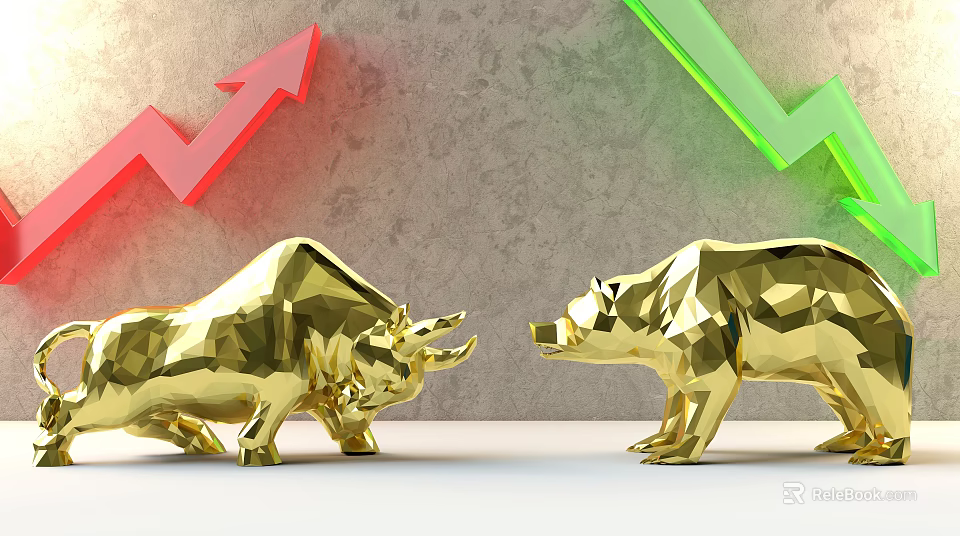 Business Decorative Equipment Featuring Golden Bull And Bear Statues With Red Green Upward Arrows 3d model 