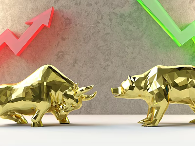 Business Decorative Equipment Featuring Golden Bull And Bear Statues With Red Green Upward Arrows 3d model