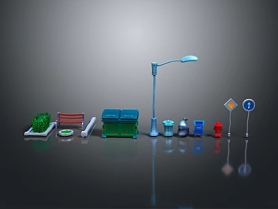 Outdoor Public Equipment Including Bench Trash Bins Street Lamp And Signs With Plants 3d model