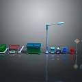 Outdoor Public Equipment Including Bench Trash Bins Street Lamp And Signs With Plants