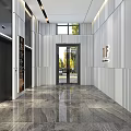 Modern Front Desk Reception Area With Marble Countertop Striped Accent Wall And Lighting
