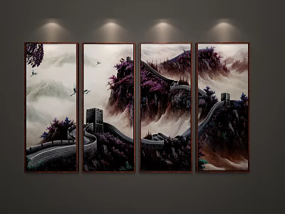 Four Panel Chinese Landscape Painting Featuring Great Wall Mountains Mist And Purple Trees 3d model