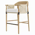 Wooden Frame Bar Stool With Woven Rattan Armrests And White Cushioned Seat
