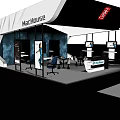 Modern Exhibition Booth Design With White Black Structure Display Areas Seating And Digital Screens
