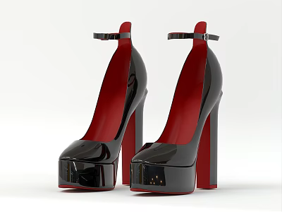 Black Patent Leather High Heels with Red Lining Ankle Strap and Block Heel Design 3d model