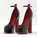 Black Patent Leather High Heels with Red Lining Ankle Strap and Block Heel Design