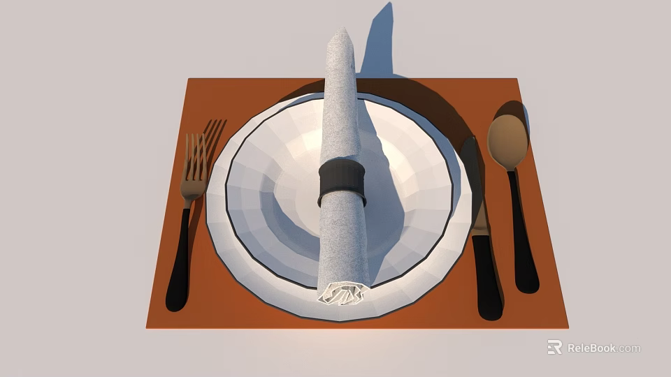 Elegant Dinnerware Set with White Plate Napkin Fork Knife Spoon on Orange Placemat 3d model 