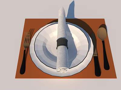 Elegant Dinnerware Set with White Plate Napkin Fork Knife Spoon on Orange Placemat 3d model