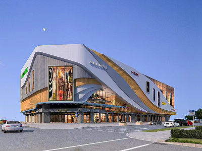 Modern Luxury Shopping Mall Exterior Design With Glass Facade And Store Signs 3d model