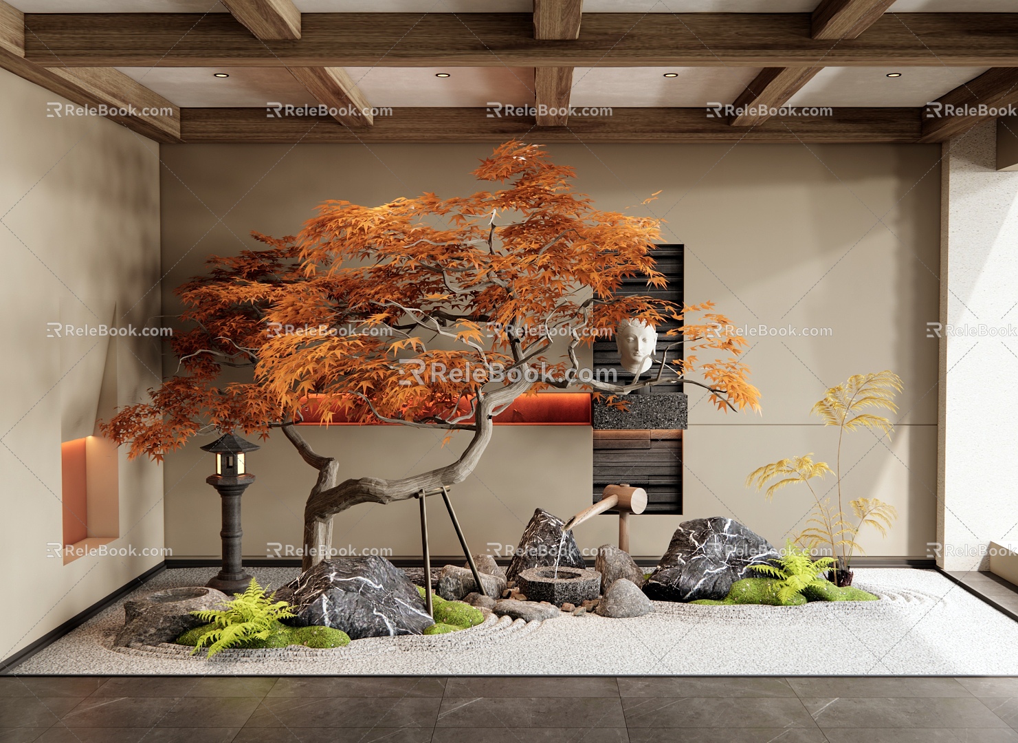 New Chinese style interior landscape landscaping courtyard landscape sketch dry landscape red maple landscape tree stone plant combination 3d model