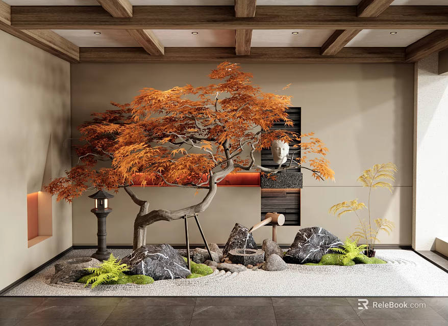 Indoor Garden Ornament With Orange Tree Stones Lantern And Green Plants Under Wooden Ceiling 3d model 
