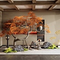 New Chinese style interior landscape landscaping courtyard landscape sketch dry landscape red maple landscape tree stone plant combination 3d model