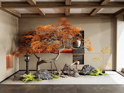 Indoor Garden Ornament With Orange Tree Stones Lantern And Green Plants Under Wooden Ceiling 3d model