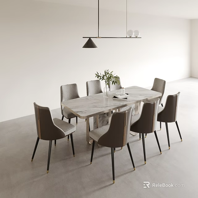 Modern Dining Table Set With Marble Top And Six Grey Upholstered Chairs 3d model