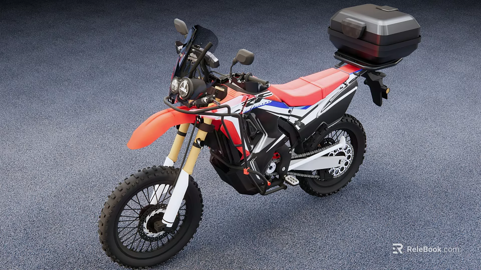 Red And Black Adventure Motorcycle With Top Case Off Road Tires And Windshield 3d model 