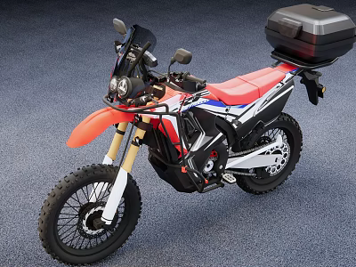 Red And Black Adventure Motorcycle With Top Case Off Road Tires And Windshield 3d model